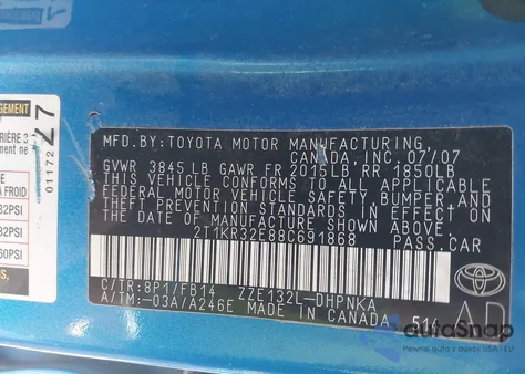 2008 Toyota Matrix Xr z USA, uszkodzony, nr VIN 2T1KR32E88C691868